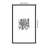 Abstract black lines intersecting and overlapping on a white background, centrally arranged within a rectangular black frame measuring 25 by 41 inches.