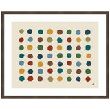 Grid of irregular colorful dots in earthy and blue tones evenly spaced on beige background, framed with dark wood and white matting, signed with small black initials.