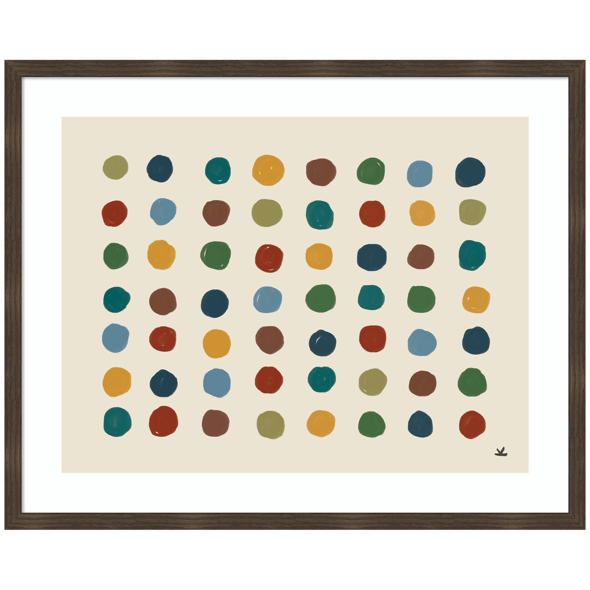 Grid of irregular colorful dots in earthy and blue tones evenly spaced on beige background, framed with dark wood and white matting, signed with small black initials.