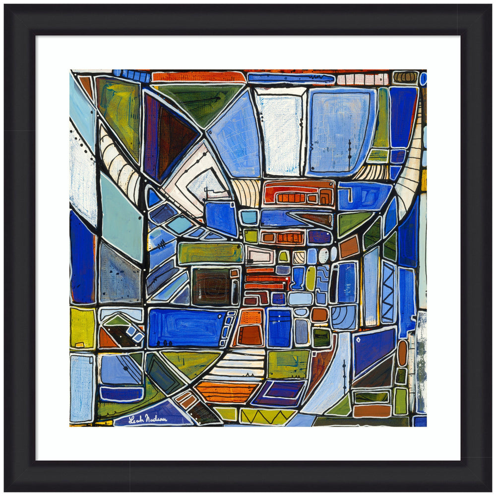 Framed Art Retro Current by Leah Nadeau featuring blue, green, orange, and white geometric abstract shapes within black narrow frame.