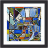 Framed Art Retro Current by Leah Nadeau featuring blue, green, orange, and white geometric abstract shapes within black narrow frame.