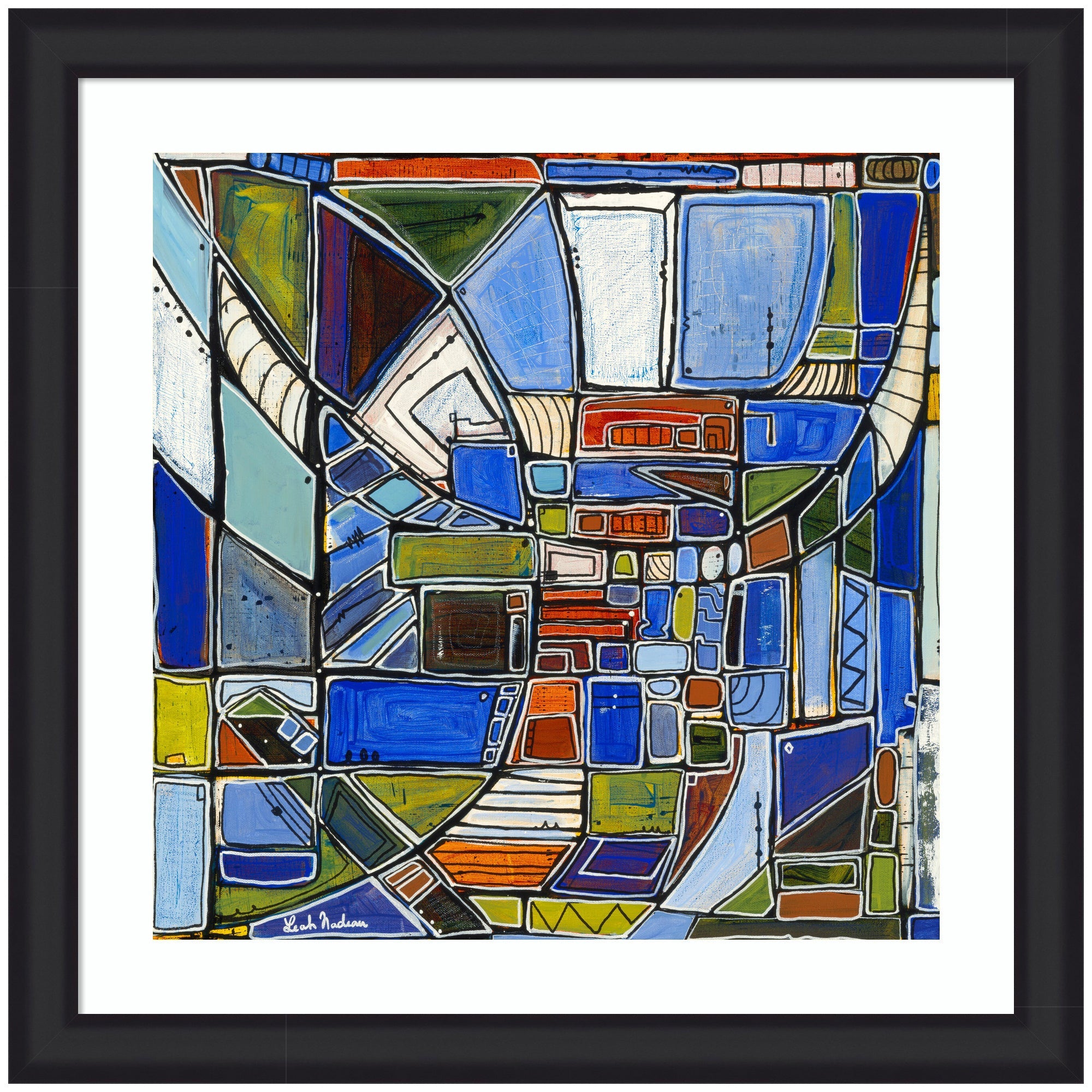 Framed Art Retro Current by Leah Nadeau featuring blue, green, orange, and white geometric abstract shapes within black narrow frame.