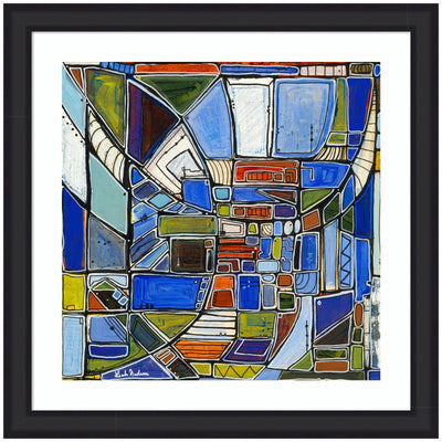 Framed Art Retro Current by Leah Nadeau featuring blue, green, orange, and white geometric abstract shapes within black narrow frame.