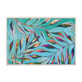 Abstract botanical painting with elongated, multicolored leaves featuring patterns of dots and stripes on a turquoise background, framed in white.