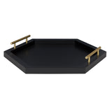 Black hexagon-shaped serving tray with raised edges and two horizontal gold metal handles on opposite sides.