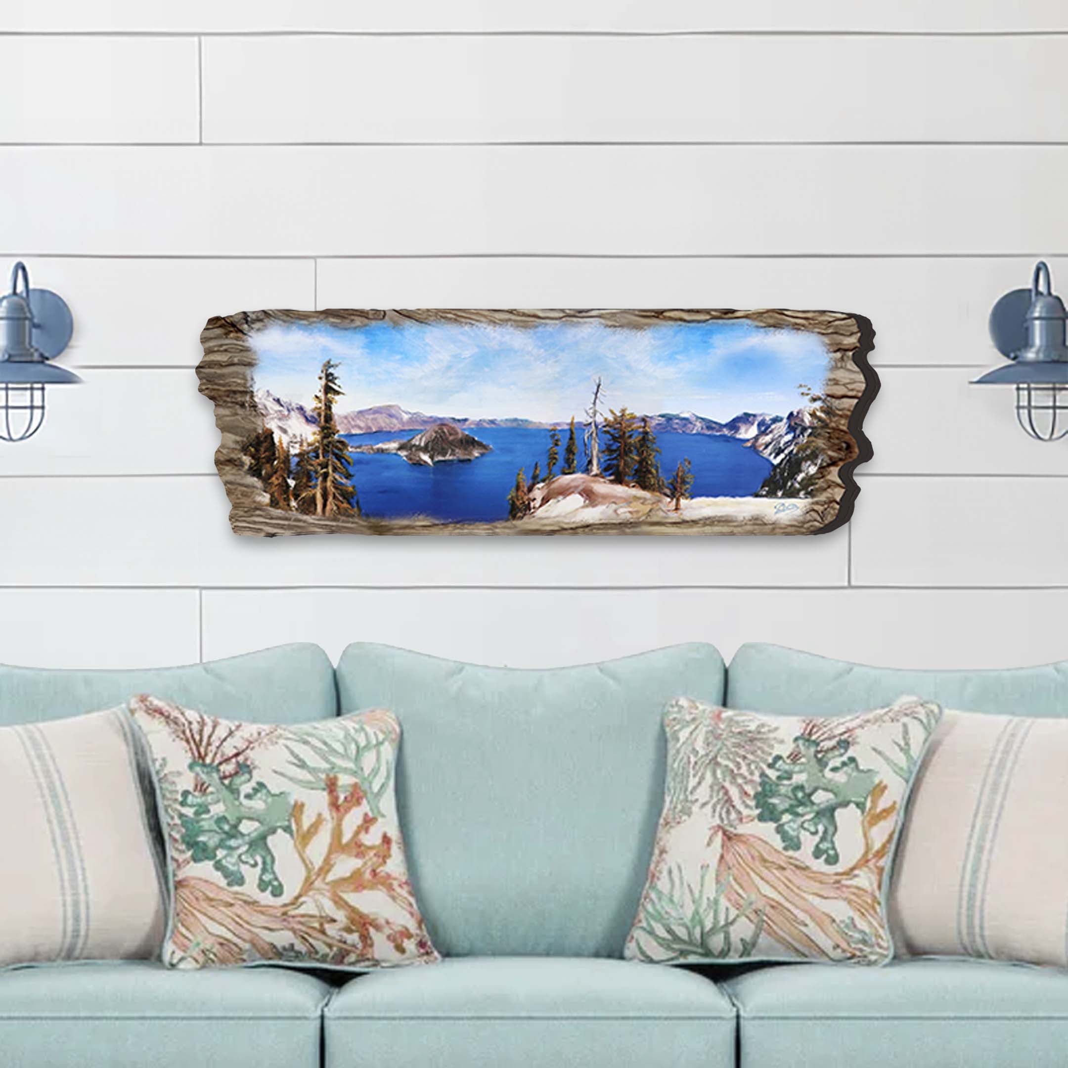 Lake View Wooden Wall Art showing a coastal scene on wood with mounted hardware