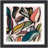Abstract framed wall art with bold, curving black lines outlining colorful leaf-like shapes in teal, coral, olive, mustard, and cream against a pale pink background.