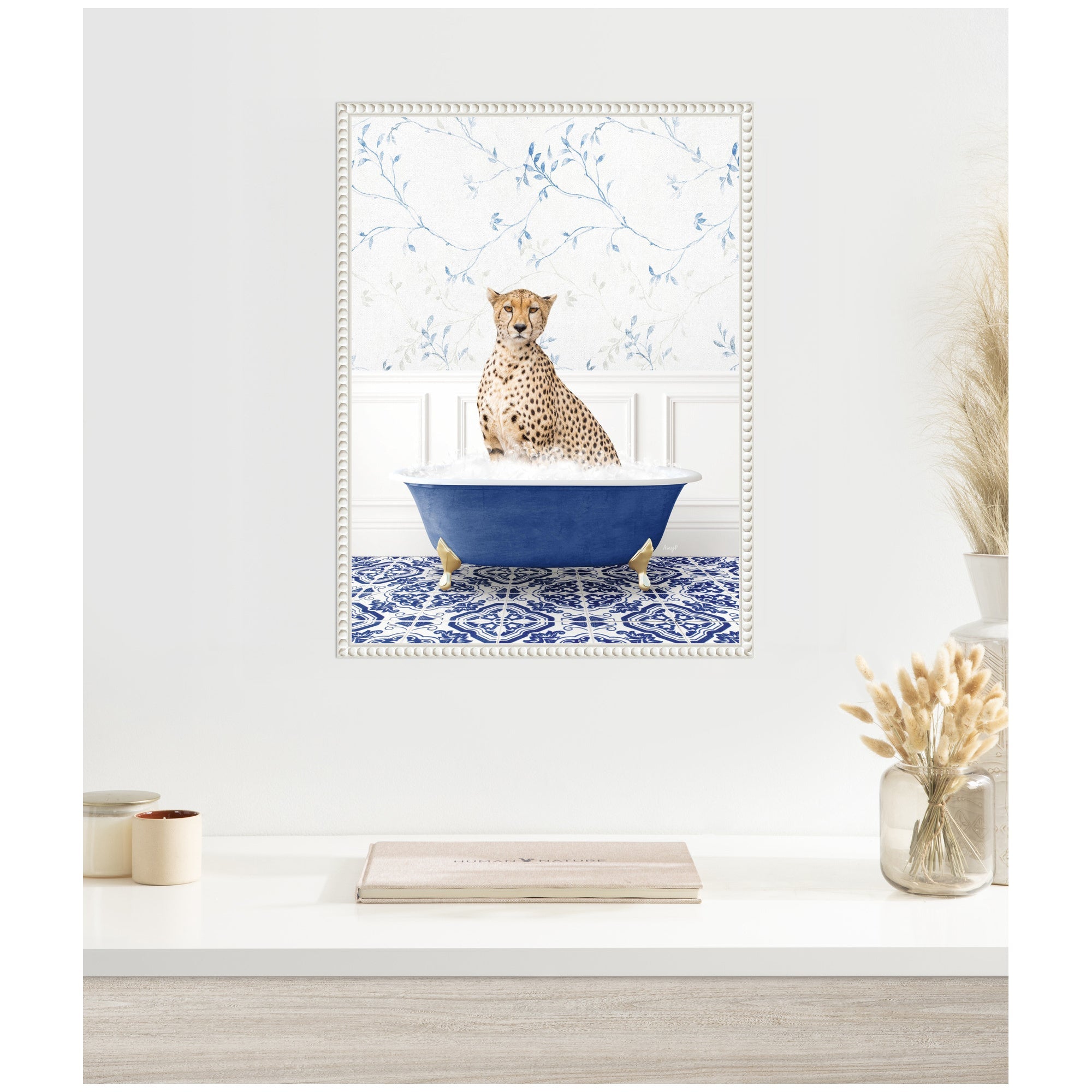 Sylvie Cheetah in Eclectic Blue Bath Framed Canvas by Amy Peterson