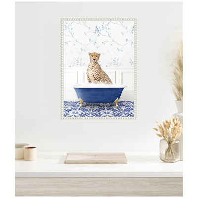 Sylvie Cheetah in Eclectic Blue Bath Framed Canvas by Amy Peterson