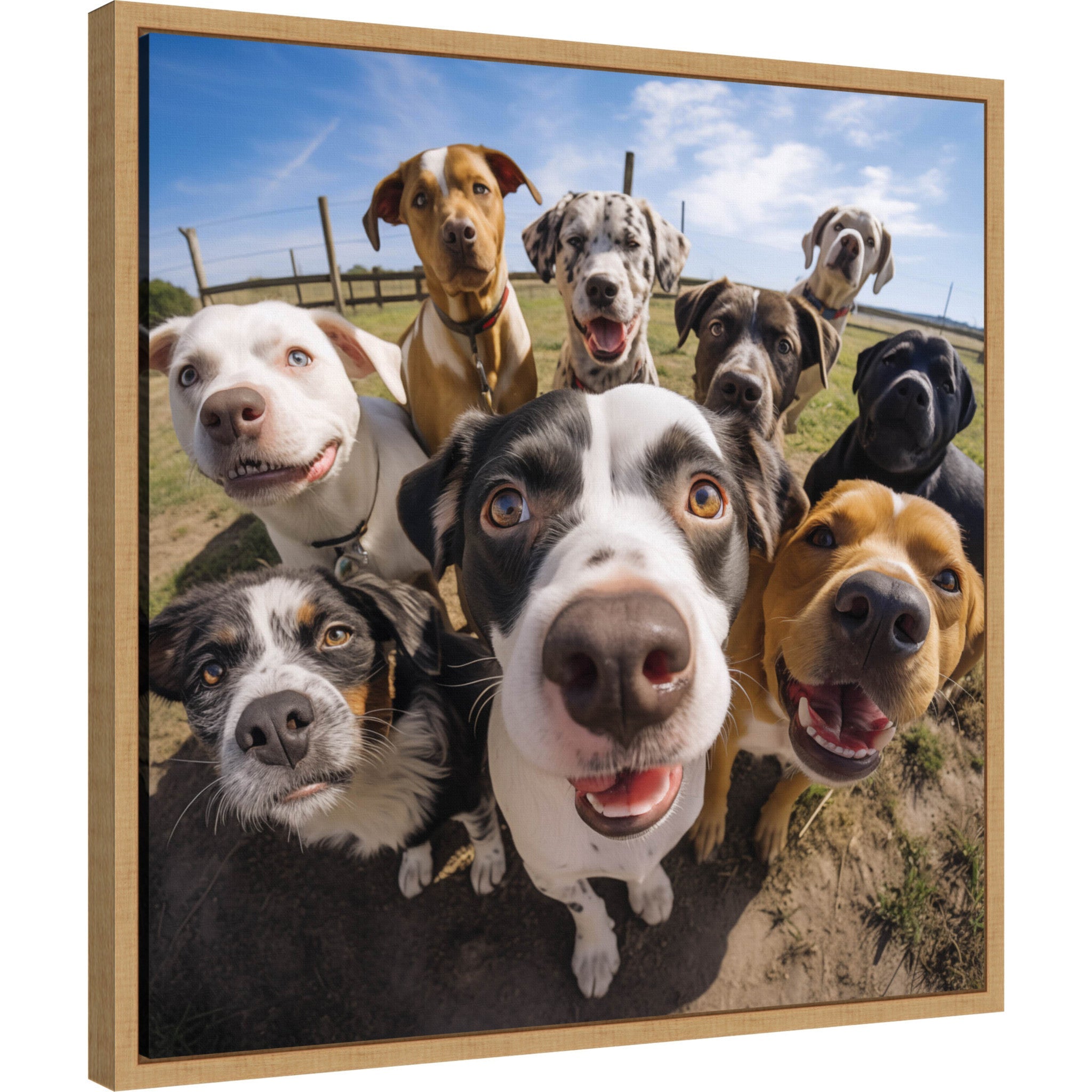 Framed canvas art showing a funny dog selfie with a lightweight polystyrene frame