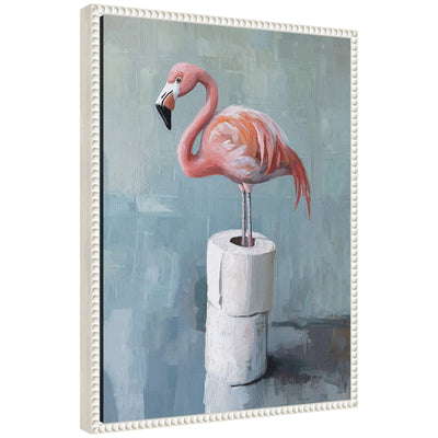 Framed canvas art of a flamingo standing next to toilet paper rolls