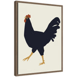 Stylized black rooster with orange comb and legs wearing green glasses on a cream background, framed in brown wood, shown at a slight angle.