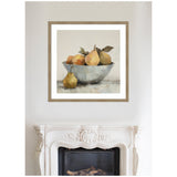 Still life painting of a gray bowl filled with pears and oranges, one pear with a stem and leaf outside the bowl, framed in light wood above a white ornate fireplace.