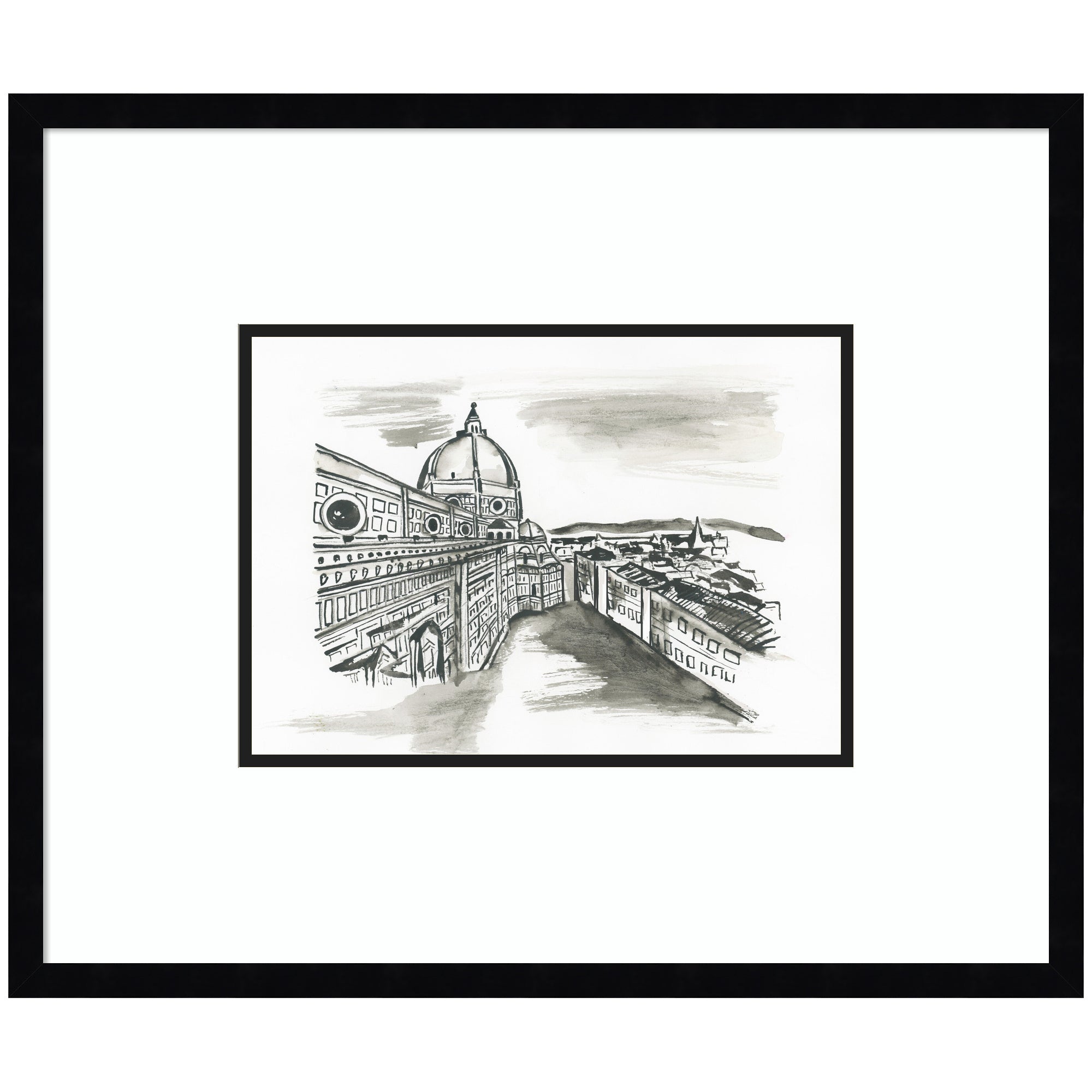 Postcard Florence by Teju Reval Framed Wall Art Print showing architectural illustration with black frame