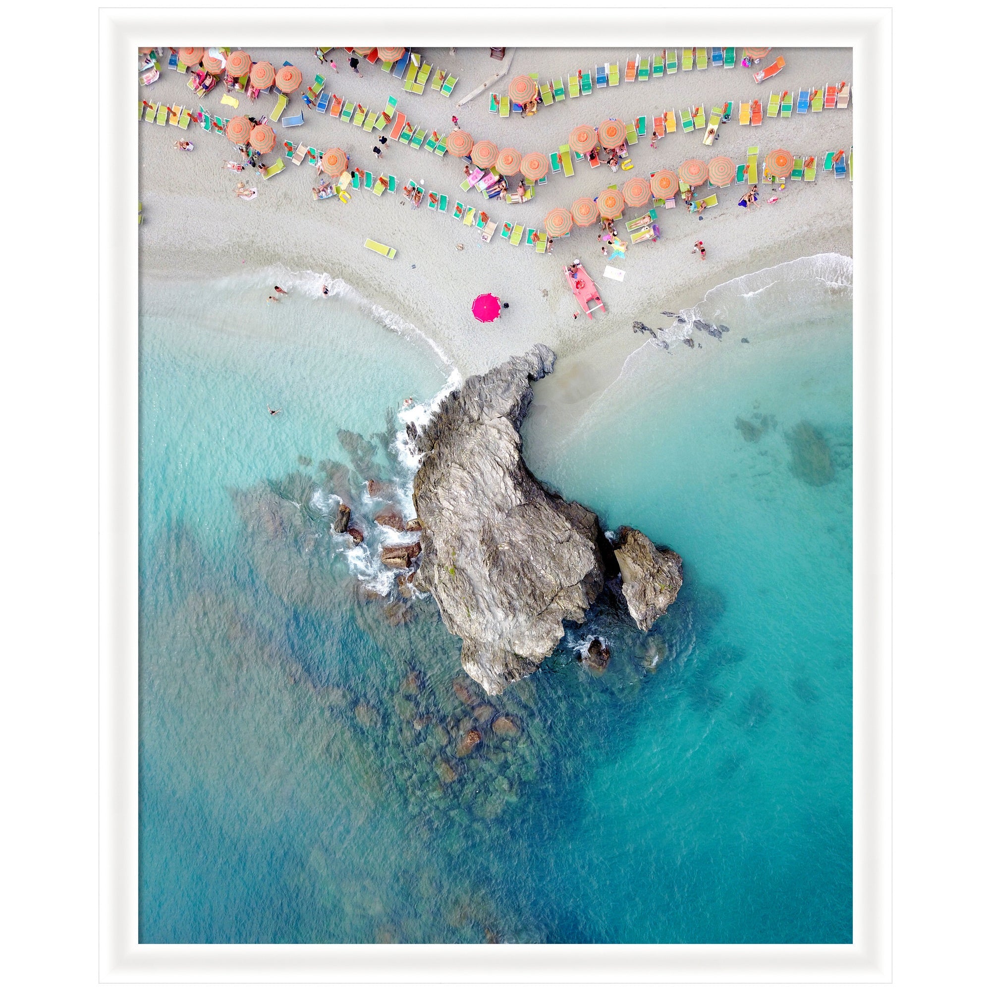 Framed aerial beach view with colorful umbrellas and turquoise sea by Rachel Bolgov