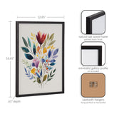 Framed watercolor botanical bouquet with jewel-toned leaves and flowers in muted reds, blues, greens, and yellows, set in a sleek black natural oak wood frame.