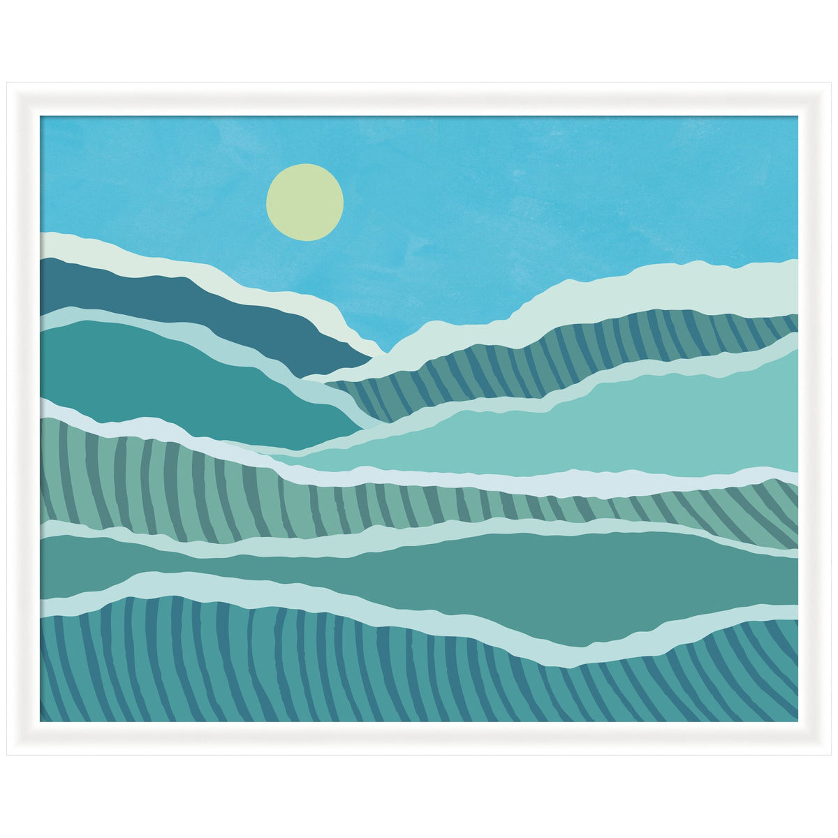 Abstract landscape of layered teal and blue waves with striped patterns beneath a pale yellow sun on a bright blue sky, framed in white.