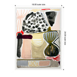 Abstract composition on canvas featuring black-and-white speckled shapes, soft beige and gray forms, and bold olive and red accents in an 18x24 inch white frame.