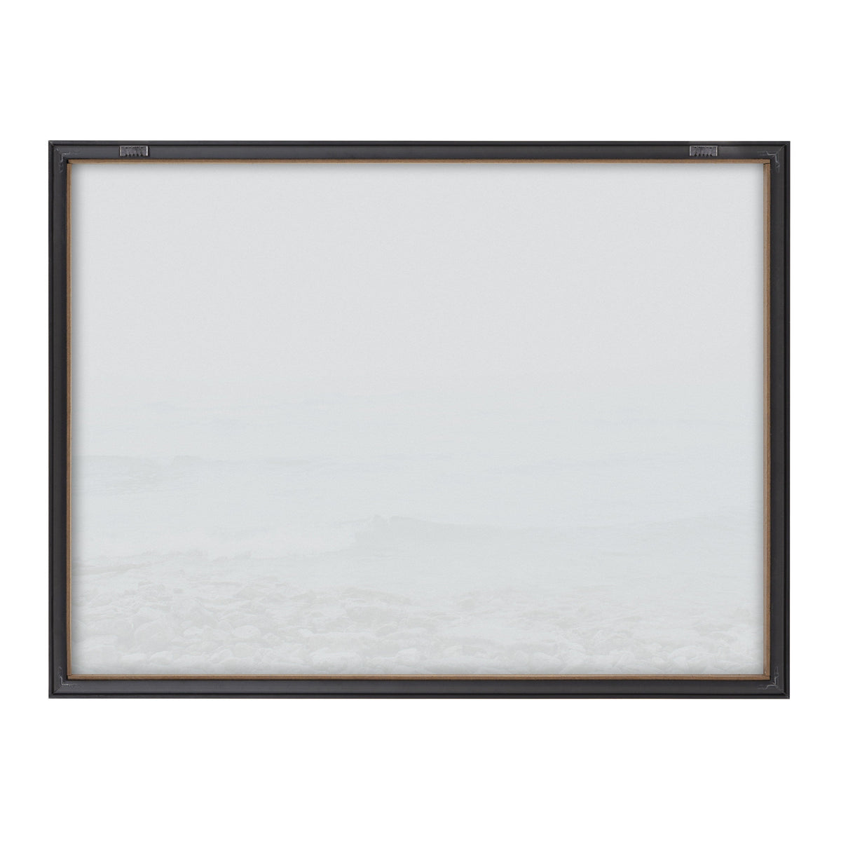 Framed minimalist print with soft gray and white tones suggesting a misty seascape or foggy landscape, bordered by a dark brown wooden frame with subtle metal accents.