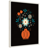 Framed canvas with stylized orange vase holding large cream, red, and teal flowers against a black background in a minimalist floral design.