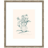 Simple line drawing of a vase with stylized flowers on a pale background, framed with an ornate silver frame.