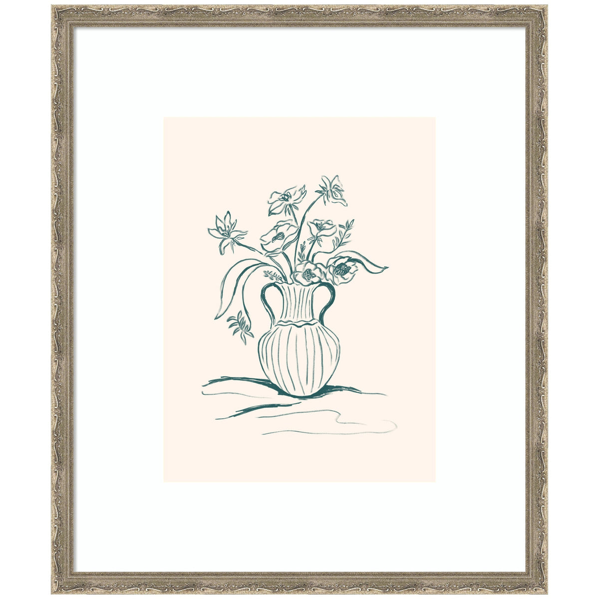 Simple line drawing of a vase with stylized flowers on a pale background, framed with an ornate silver frame.