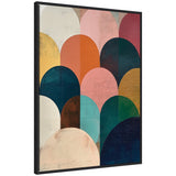 Framed abstract canvas featuring overlapping geometric arches in jewel tones of navy, teal, pink, orange, and mustard, with a textured, brushed finish.