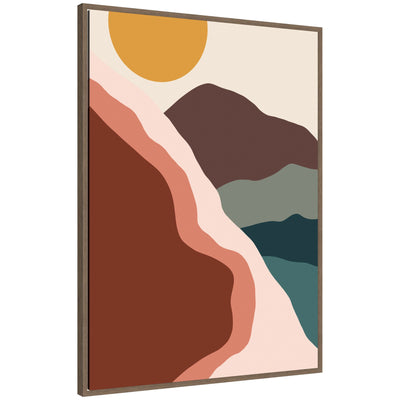 Framed canvas wall art titled Move Mountains by Alicia Bock featuring abstract landscape with earthy brown, green, terracotta shapes and mustard yellow sun, in walnut woodgrain frame.