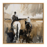 Abstract painting of two cowboys riding horses away, with muted browns, grays, and whites creating a hazy, expansive western landscape.