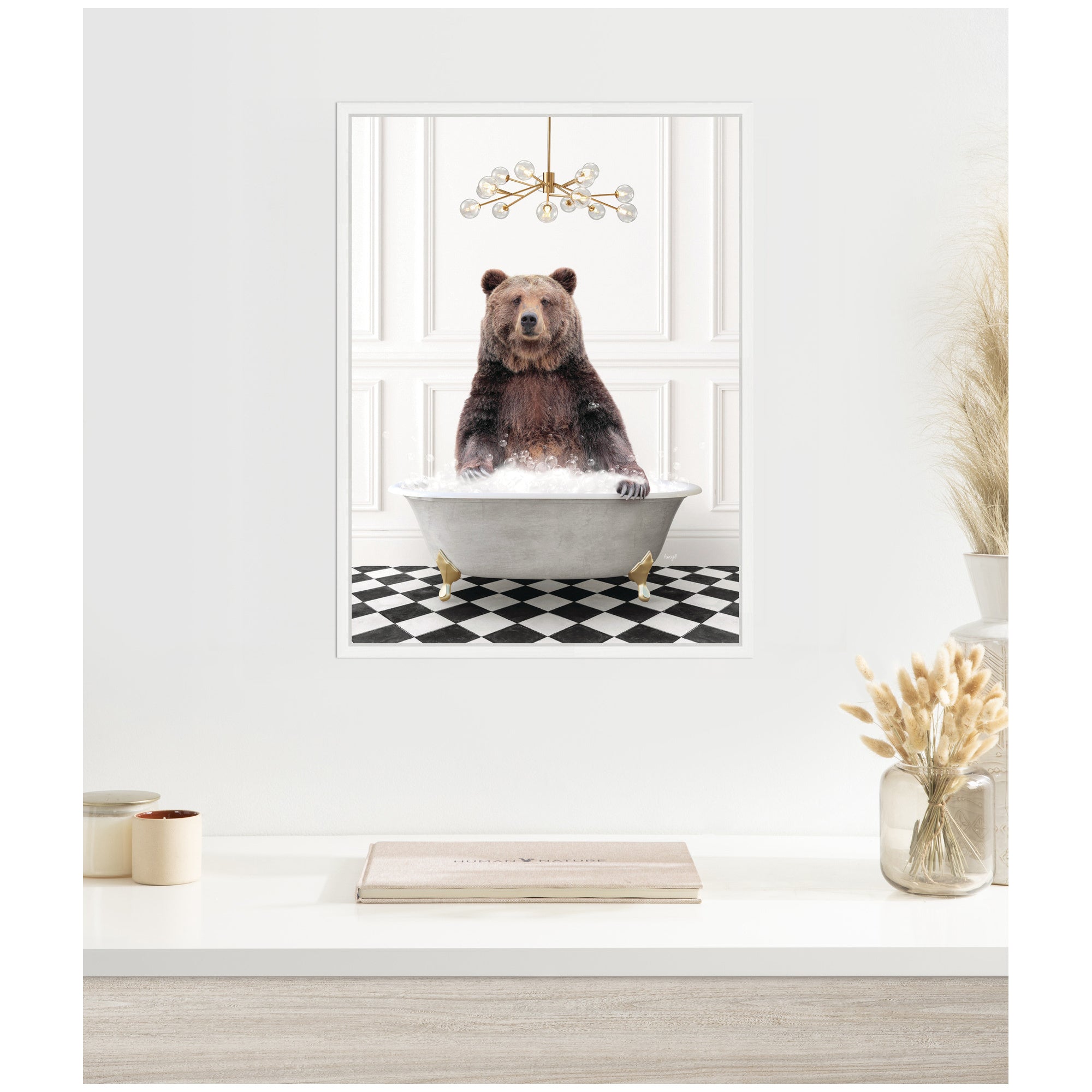 Sylvie Bear in Gray Bathtub on Checker Floor Framed Canvas by Amy Peterson