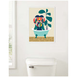 Colorful Mid-century Modern style lion illustration with geometric shapes and bold hues seated in a clawfoot bathtub next to a leafy green plant.