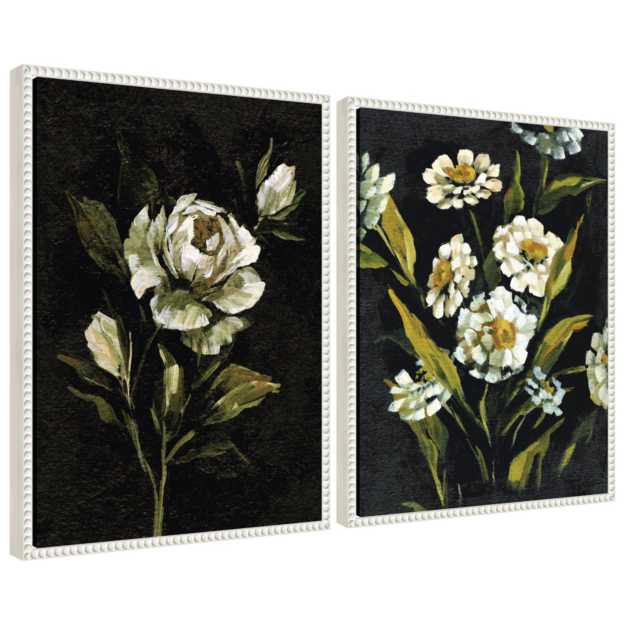 Sylvie Beaded Moody Floral 1 and 2 framed floral canvas art set by Annie Quigley with vintage beaded frames
