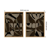 Two abstract canvas art pieces by Shatha Al Dafai with overlapping organic shapes in black, beige, and brown tones, each framed in light wood and sized 38x24 inches.