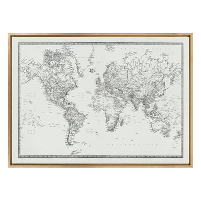 Sylvie Vintage Black and White World Map Framed Canvas by The Creative