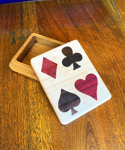 Handcrafted wooden playing card box with wood inlay detail