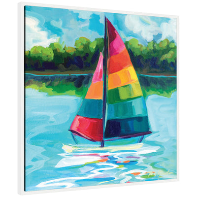 Sylvie Sunday Sailing framed canvas art by Rachel Christopoulos showing a beach scene in a modern floating frame