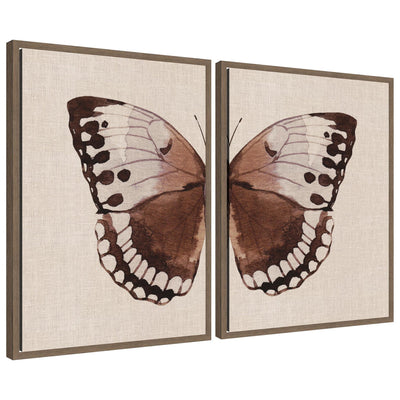 Sylvie Retro Butterfly Watercolor 2 Piece Framed Canvas Art Set showing delicate butterfly watercolor prints in beaded gold and walnut brown frames.