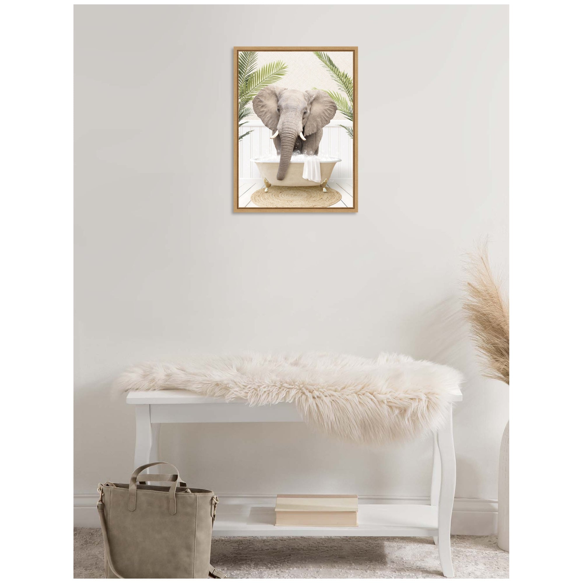 Sylvie Elephant Front Palm Bathtub Framed Canvas by Amy Peterson