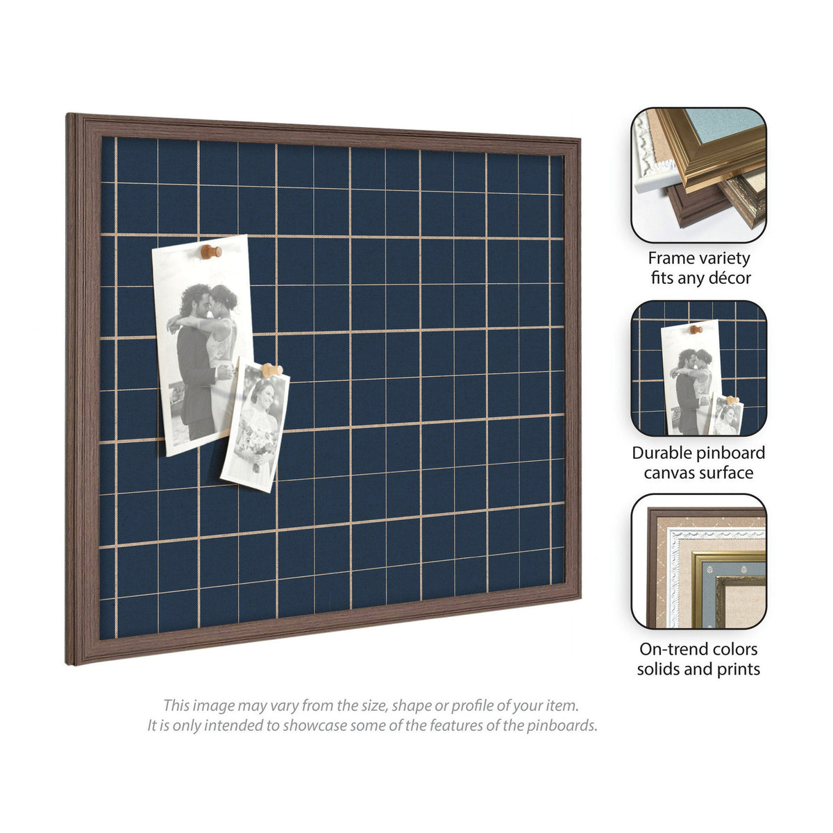 Square framed fabric pinboard with navy blue and beige plaid pattern holding two black-and-white photos pinned to the surface.