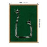 Dark green canvas with a minimalist black and white abstract shape resembling two palm tree tops connected by a curved line, framed in natural wood