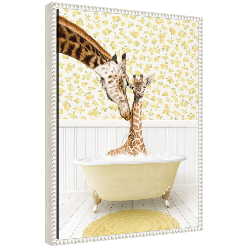 Framed canvas art showing mother and baby giraffe in yellow bathtub by Amy Peterson