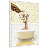 Framed canvas art showing mother and baby giraffe in yellow bathtub by Amy Peterson