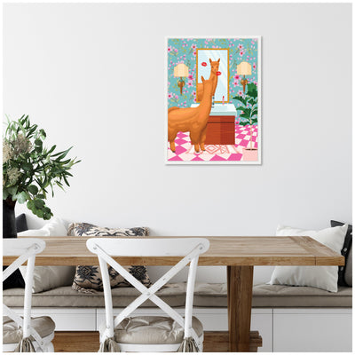 Sylvie Maximalist Llama Bathroom Mirror Framed Canvas by Honey Island Studio