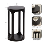 Tall round mango wood drink table with black finish, featuring an arched open base design, measuring 12 inches wide and 23 inches tall.