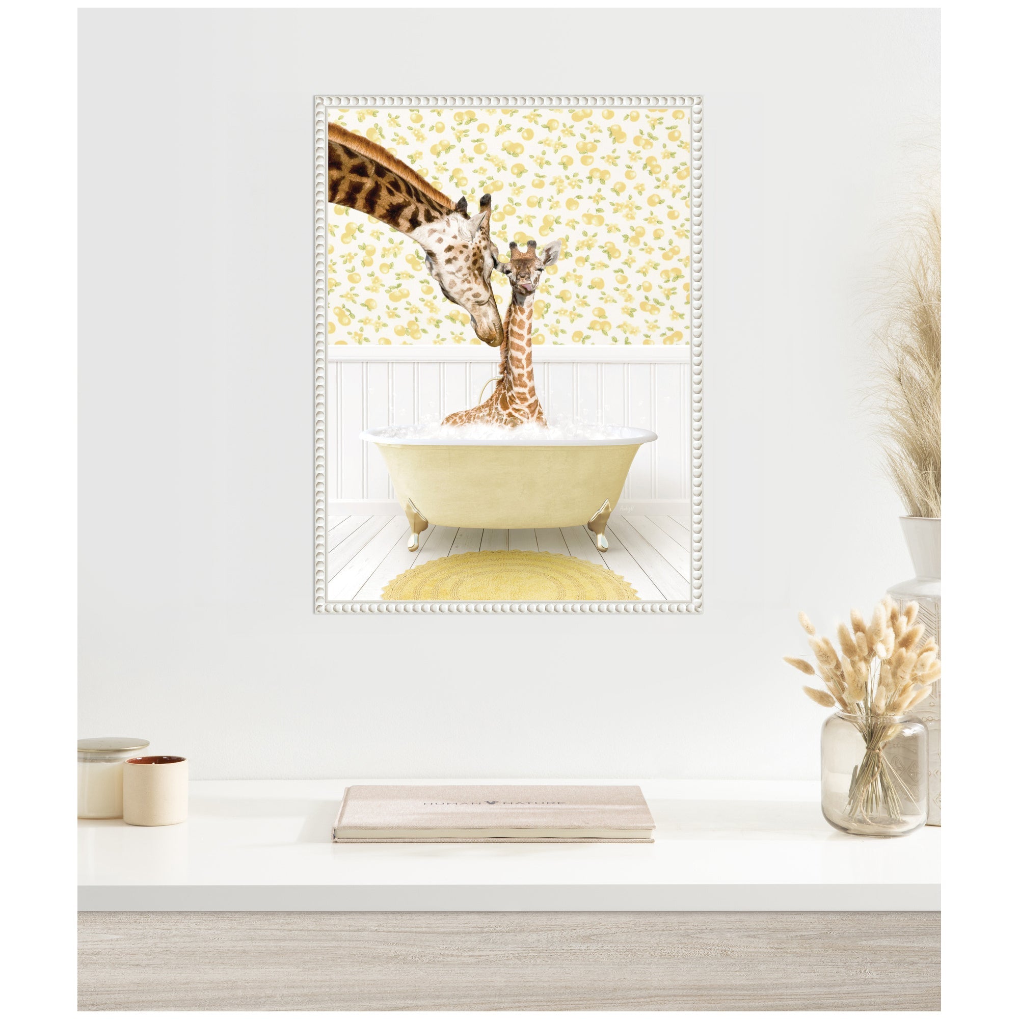 Sylvie Mother and Baby Giraffe in Cottage Yellow Bathtub Framed Canvas by Amy Peterson