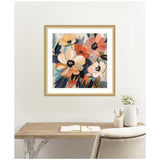 Framed abstract floral painting with large blooms in warm peach, orange, cream, and teal tones, displayed above a wooden desk with a chair and decorative vase.