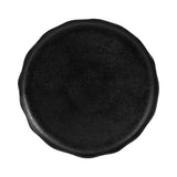 Round black decorative tray with a subtly uneven, wavy edge and a textured surface finish.