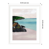 Seascape painting with a calm blue sea, rocky shore with dark and brown rocks, and green hills under a cloudy sky, framed in white with dimensions marked