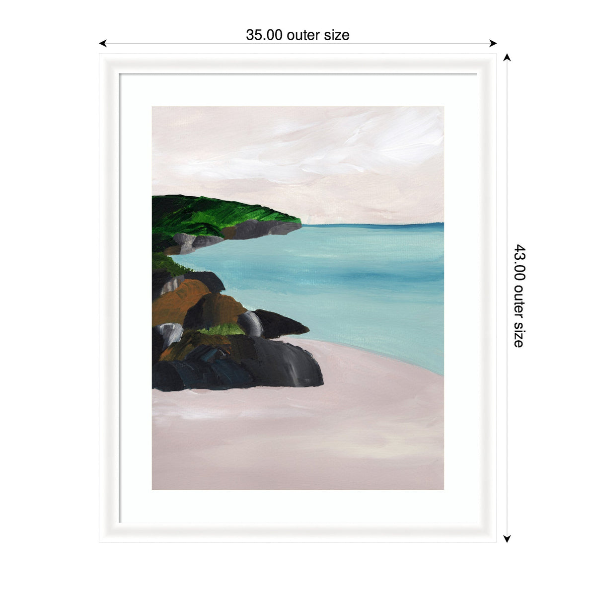 Seascape painting with a calm blue sea, rocky shore with dark and brown rocks, and green hills under a cloudy sky, framed in white with dimensions marked