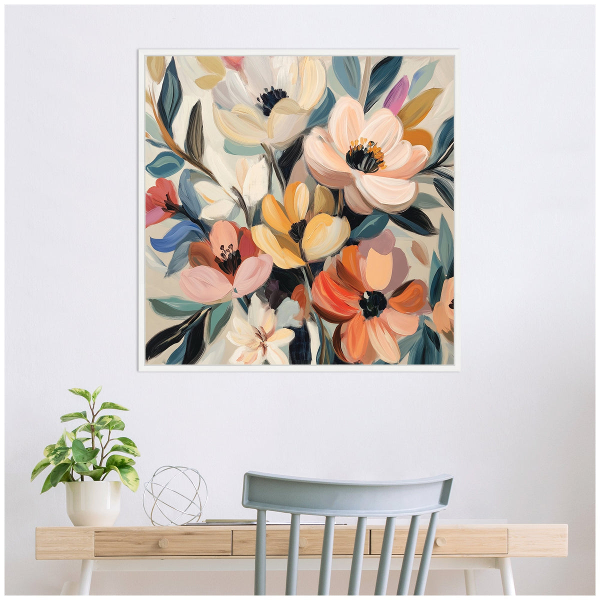 Framed abstract floral painting with large cream, peach, orange, and blue flowers on a light background hung above a wooden desk with a green plant and metal decor.